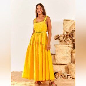 FARM RIO Yellow 3D‎ Flowers Cotton Maxi Dress Crochet Embroidery SZ M